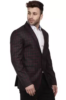 Black Printed Cotton Poly Checkered Blazer For Men