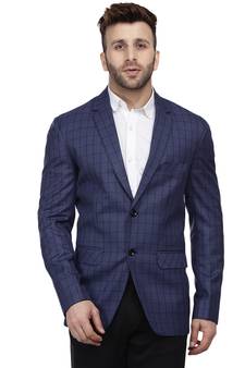 Blue Printed Cotton Poly Checkered Blazer For Men