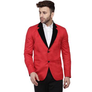 Red Plain Cotton Poly Blazer For Men 1