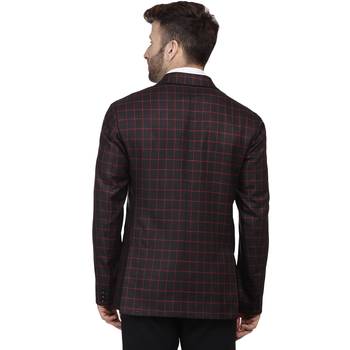 Black Printed Cotton Poly Checkered Blazer For Men 5