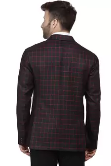 Black Printed Cotton Poly Checkered Blazer For Men