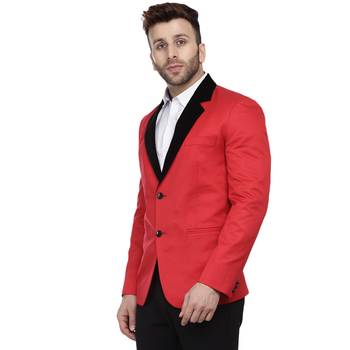 Red Plain Cotton Poly Blazer For Men 2