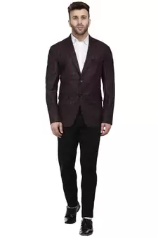 Black Printed Cotton Poly Checkered Blazer For Men