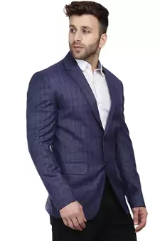 blue checks cotton poly blazer for men