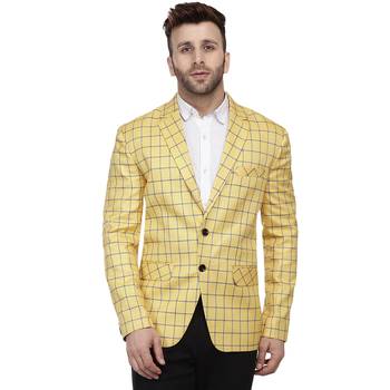 Yellow Printed Cotton Poly Checkered Blazer For Men 1