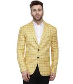 Yellow Printed Cotton Poly Checkered Blazer For Men