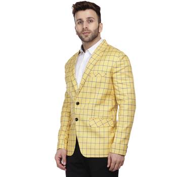 Yellow Printed Cotton Poly Checkered Blazer For Men 2