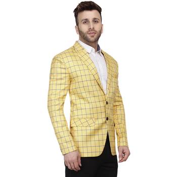 Yellow Printed Cotton Poly Checkered Blazer For Men 3