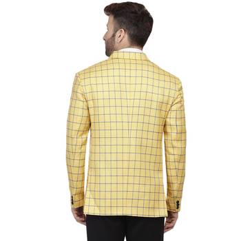 Yellow Printed Cotton Poly Checkered Blazer For Men 4