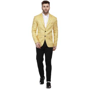 Yellow Printed Cotton Poly Checkered Blazer For Men 5