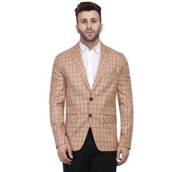Beige Printed Cotton Poly Checkered Blazer For Men 1