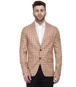 Beige Printed Cotton Poly Checkered Blazer For Men