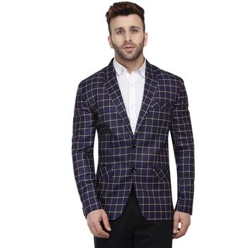 Blue Printed Cotton Poly Checkered Blazer For Men 1