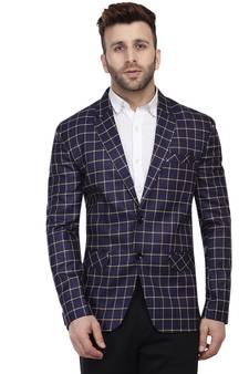 Blue Printed Cotton Poly Checkered Blazer For Men