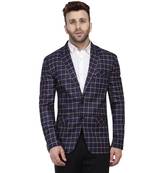 Blue Printed Cotton Poly Checkered Blazer For Men