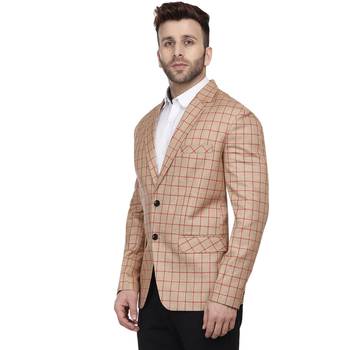 Beige Printed Cotton Poly Checkered Blazer For Men 2