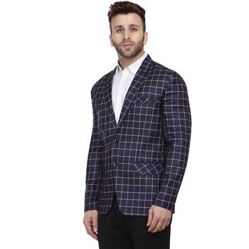 Blue Printed Cotton Poly Checkered Blazer For Men 2