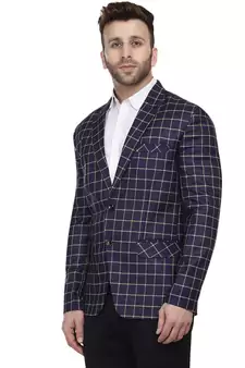 Blue Printed Cotton Poly Checkered Blazer For Men