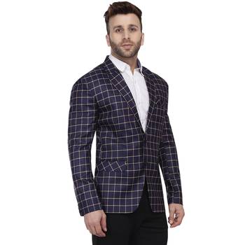 Blue Printed Cotton Poly Checkered Blazer For Men 3