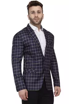Blue Printed Cotton Poly Checkered Blazer For Men