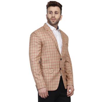 Beige Printed Cotton Poly Checkered Blazer For Men 3