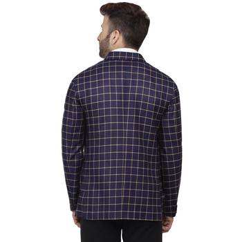 Blue Printed Cotton Poly Checkered Blazer For Men 4