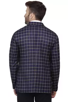 Blue Printed Cotton Poly Checkered Blazer For Men
