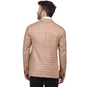 Beige Printed Cotton Poly Checkered Blazer For Men 4