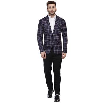 Blue Printed Cotton Poly Checkered Blazer For Men 5