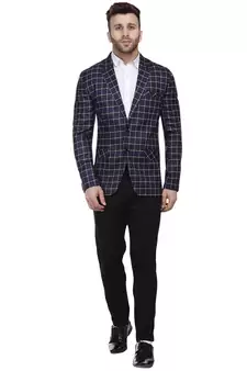 Blue Printed Cotton Poly Checkered Blazer For Men