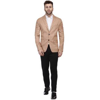 Beige Printed Cotton Poly Checkered Blazer For Men 5