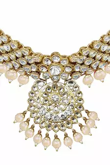 Traditional Kundan Pearl Wedding Choker Bridal Necklace Set Earrings & Maang Tikka For Women