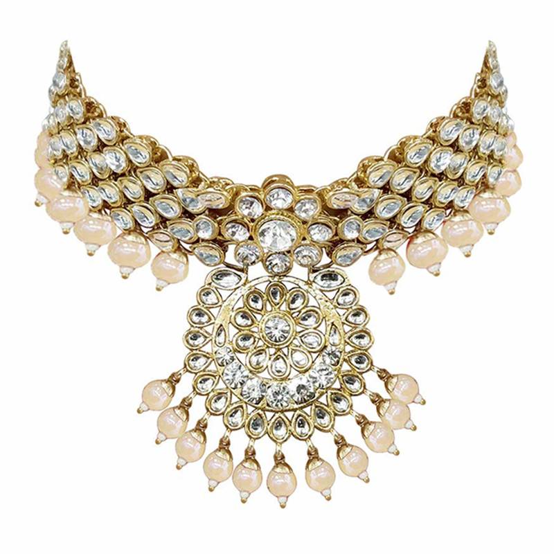 Traditional Kundan Pearl Wedding Choker Bridal Necklace Set Earrings & Maang Tikka For Women