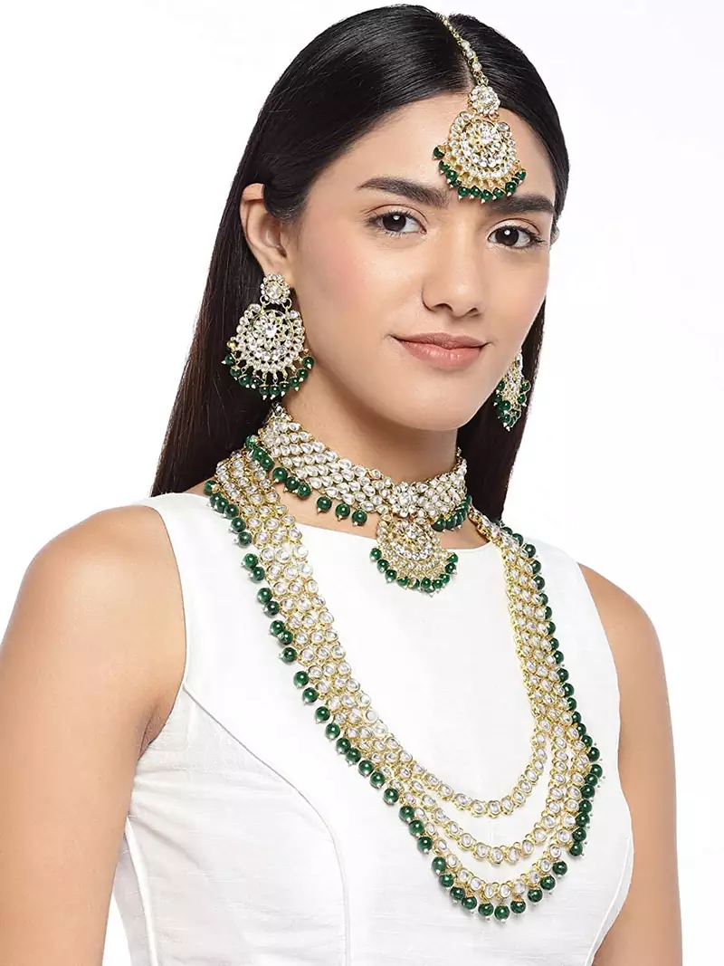 Traditional Gold Plated Kundan Pearl Wedding Choker Bridal Necklace Set Earrings & Maang Tikka For Women