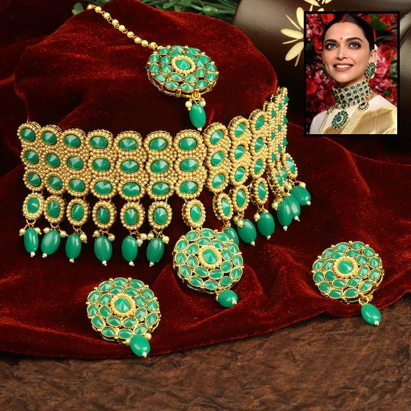 Traditional Deepika Style Bridal Pearl Choker Necklace Set With Maang Tikka