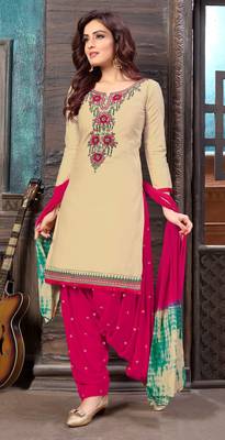 Beige embroidered satin unstitched salwar with dupatta 1