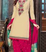 Beige embroidered satin unstitched salwar with dupatta