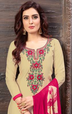 Beige embroidered satin unstitched salwar with dupatta 2