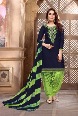 Blue embroidered satin unstitched salwar with dupatta 1