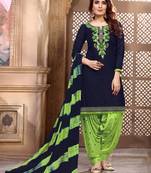 Blue embroidered satin unstitched salwar with dupatta