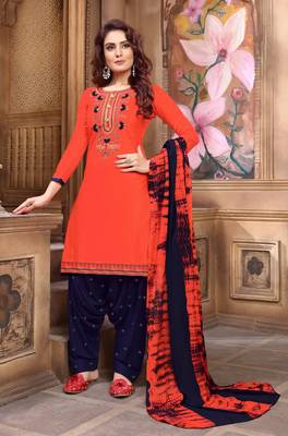Orange embroidered satin unstitched salwar with dupatta 1