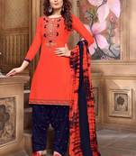 Orange embroidered satin unstitched salwar with dupatta