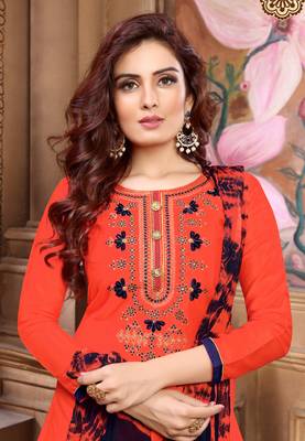 Orange embroidered satin unstitched salwar with dupatta 2