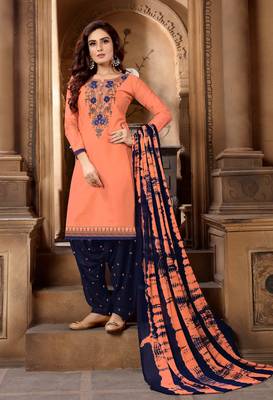 Peach embroidered satin unstitched salwar with dupatta 1