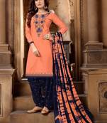 Peach embroidered satin unstitched salwar with dupatta