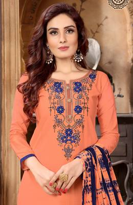 Peach embroidered satin unstitched salwar with dupatta 2