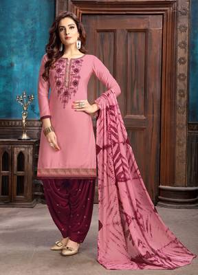 Pink embroidered satin unstitched salwar with dupatta 1