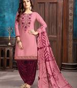 Pink embroidered satin unstitched salwar with dupatta