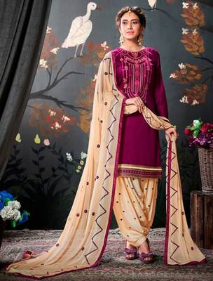 Purple embroidered satin unstitched salwar with dupatta 1