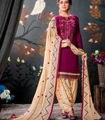 Purple embroidered satin unstitched salwar with dupatta